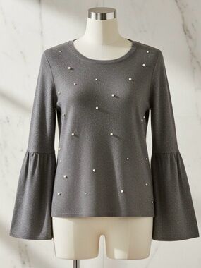 SIMPLY VERA VERA WANG Grey Sweater with 
Attached Pearl Accents and Bell Sleeves